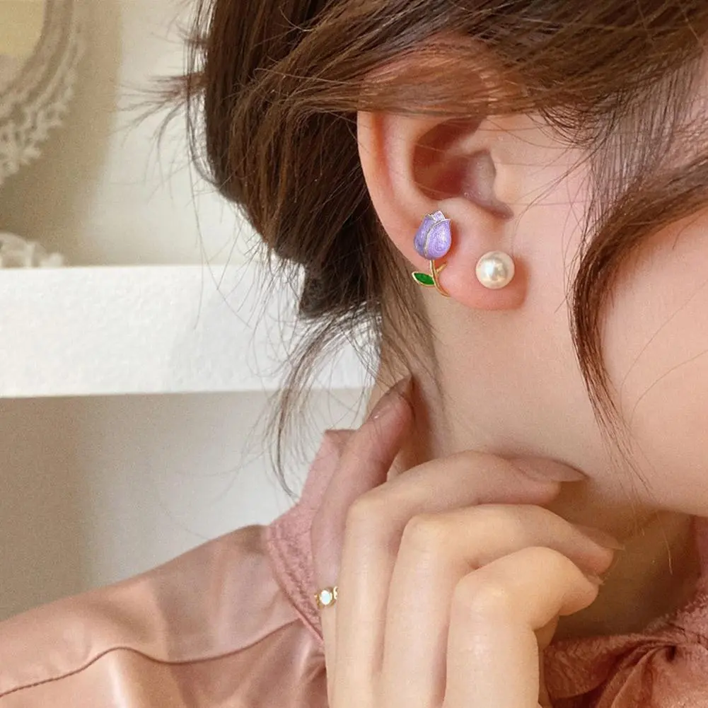 French Light Luxury Pink Tulip Flower Pearl Stud Earrings For Women Korean Zircon Exquisite Earring Party Christmas Jewelry Gift