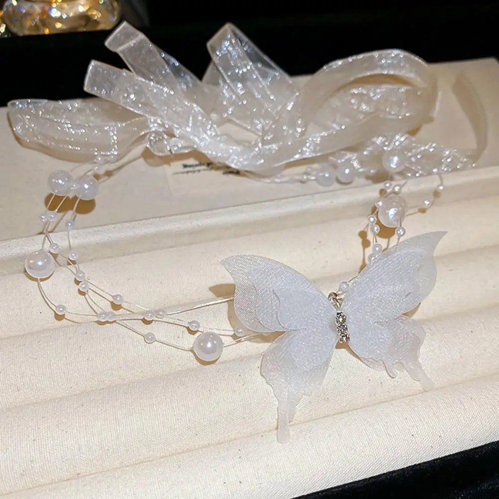 Romantic Butterfly Pearl Tie Bow Necklace Women Luxury Silk Ribbon Sweet Chokers Collarbone Chain Temperament Jewelry Gift Party