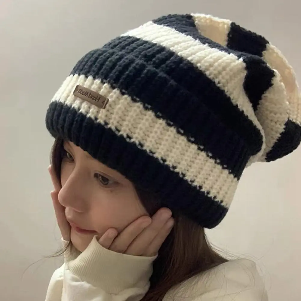 Striped Beanie Winter Hats For Women Knitted Retro Thickened Warm Baggy Cap Trendy Windproof Ear Protect Bonnet Female New