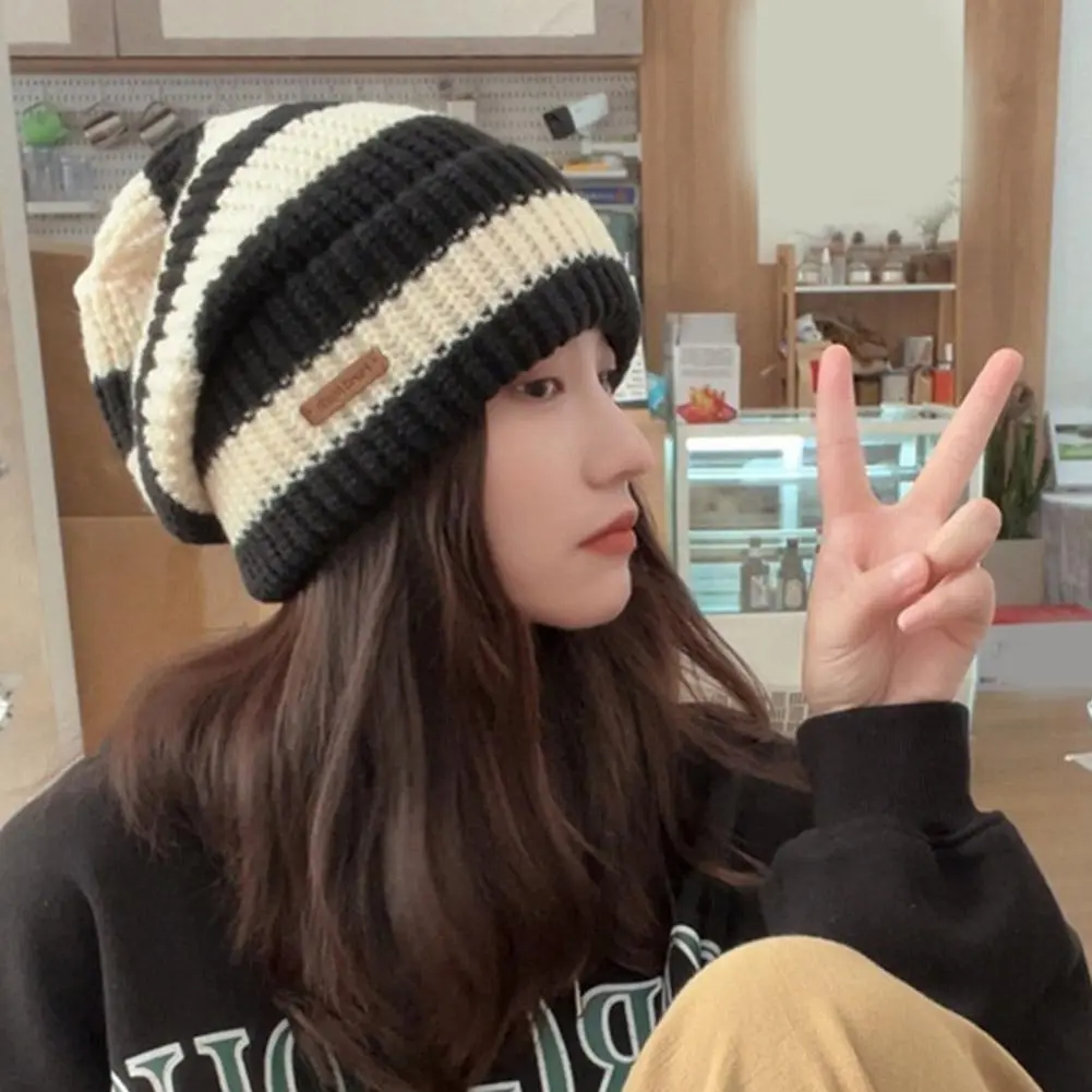 Striped Beanie Winter Hats For Women Knitted Retro Thickened Warm Baggy Cap Trendy Windproof Ear Protect Bonnet Female New