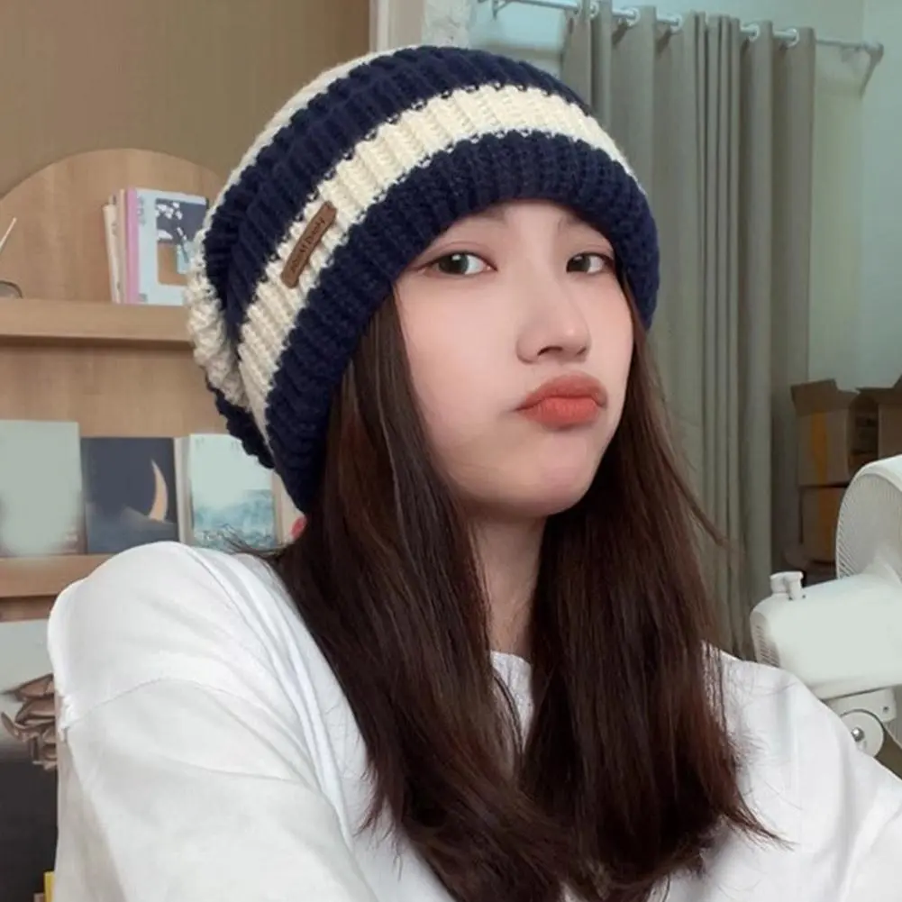 Striped Beanie Winter Hats For Women Knitted Retro Thickened Warm Baggy Cap Trendy Windproof Ear Protect Bonnet Female New