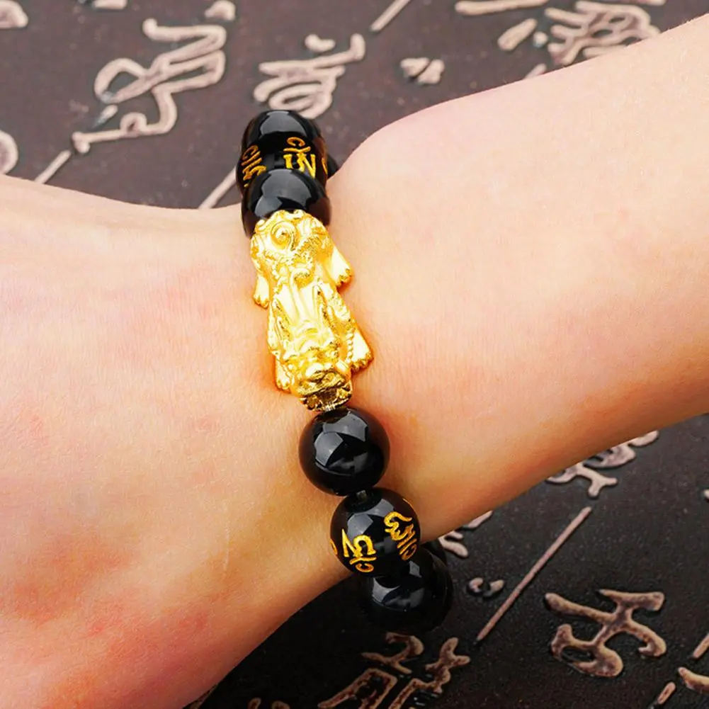 Feng Shui Black Obsidian Wealth Bracelets Men Color Jewelry Women Bracelets Changed Mantra Bangle 10mm Dragon Lucky Bead W0G8