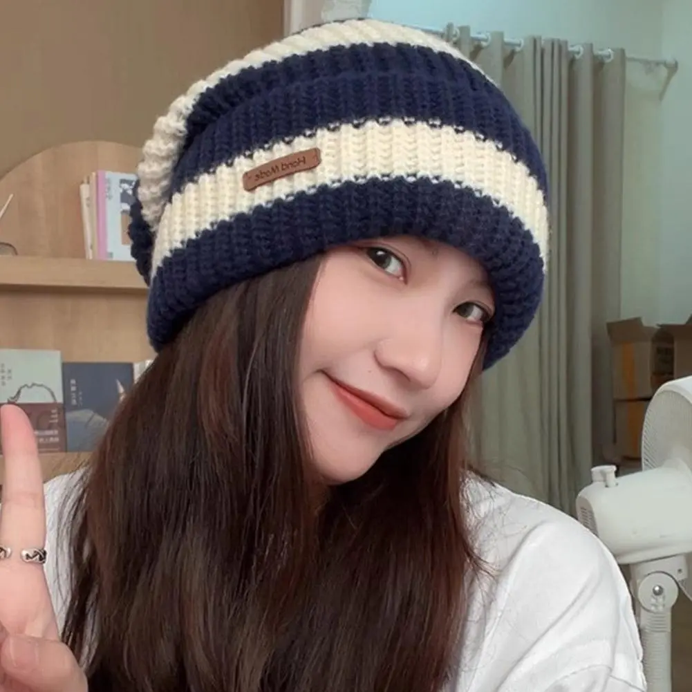 Striped Beanie Winter Hats For Women Knitted Retro Thickened Warm Baggy Cap Trendy Windproof Ear Protect Bonnet Female New