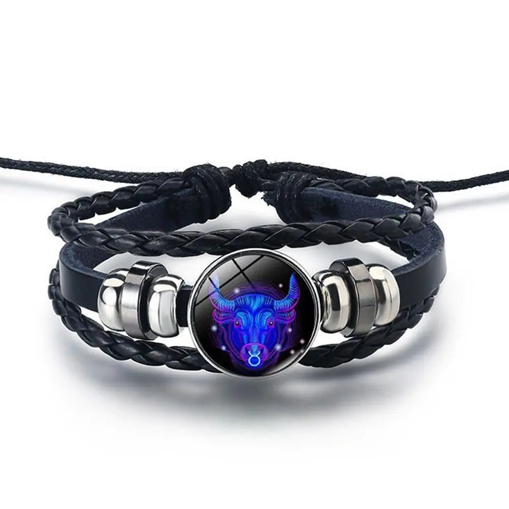 12 Constellation Gem Leather Bracelet Men Women Glass Bracele Couple Leather Multilayer Weave Birthday Gift Bangle Gem