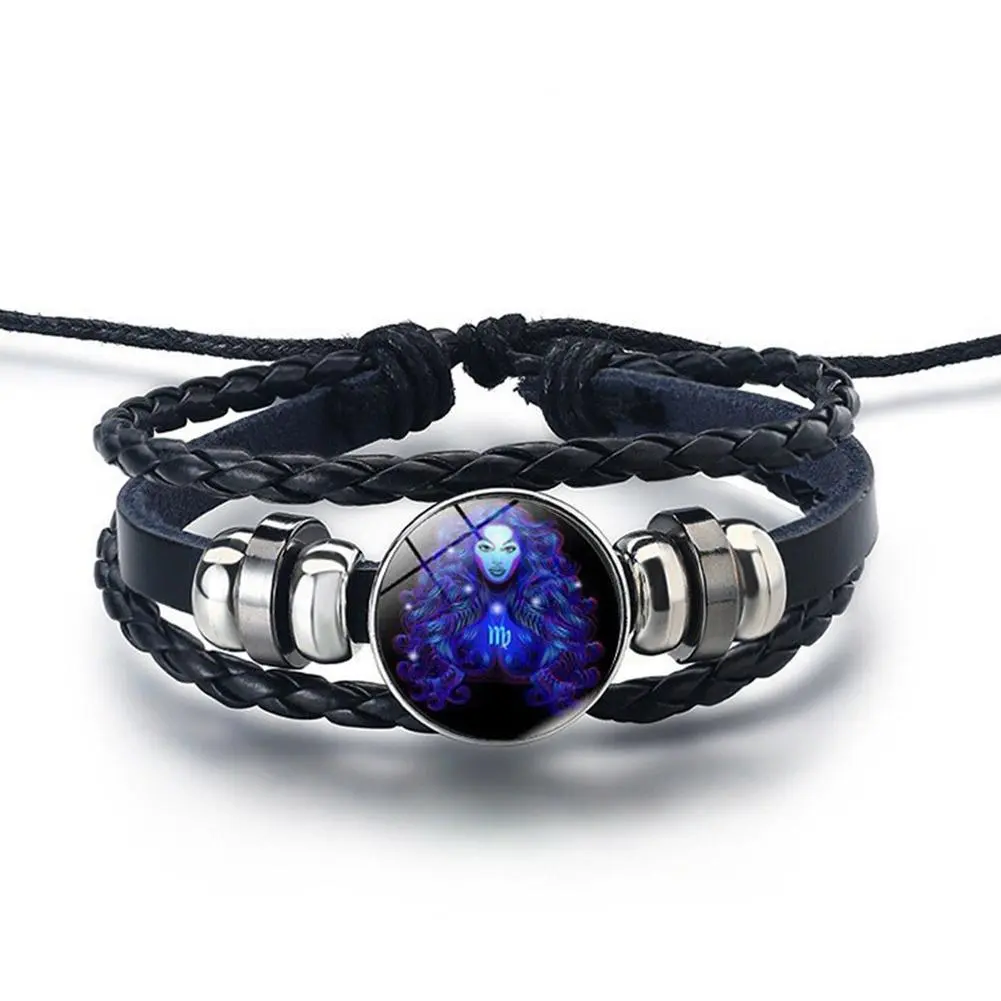 12 Constellation Gem Leather Bracelet Men Women Glass Bracele Couple Leather Multilayer Weave Birthday Gift Bangle Gem