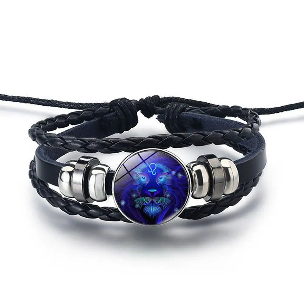 12 Constellation Gem Leather Bracelet Men Women Glass Bracele Couple Leather Multilayer Weave Birthday Gift Bangle Gem
