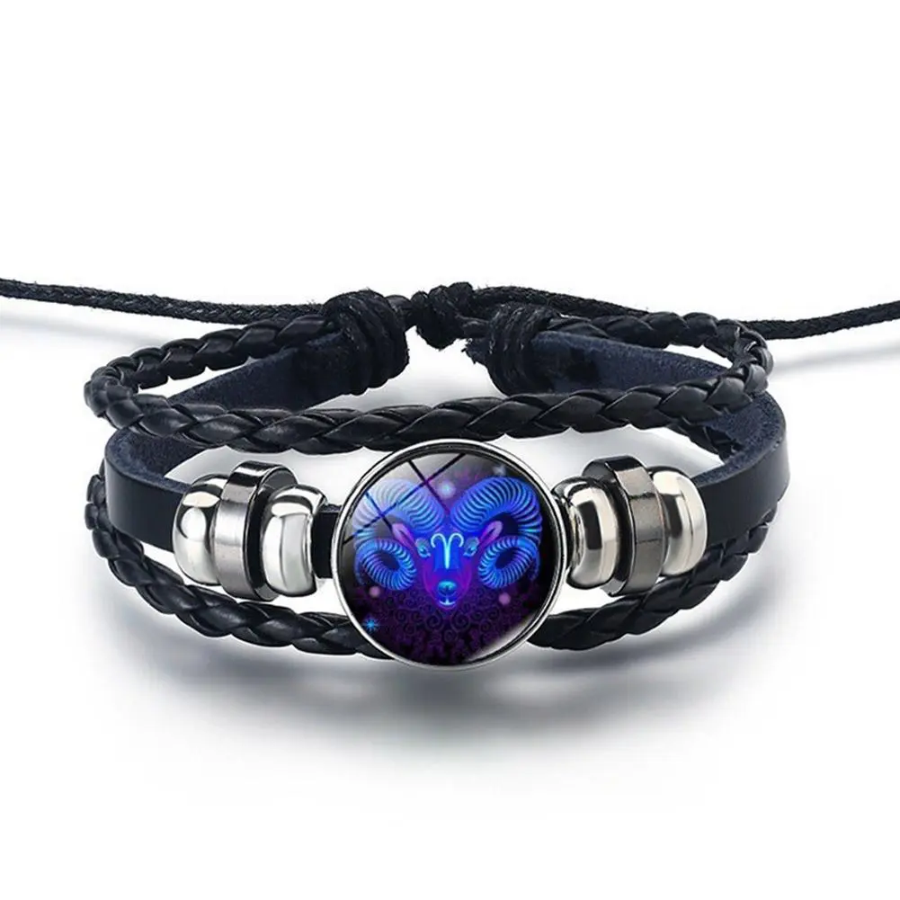 12 Constellation Gem Leather Bracelet Men Women Glass Bracele Couple Leather Multilayer Weave Birthday Gift Bangle Gem