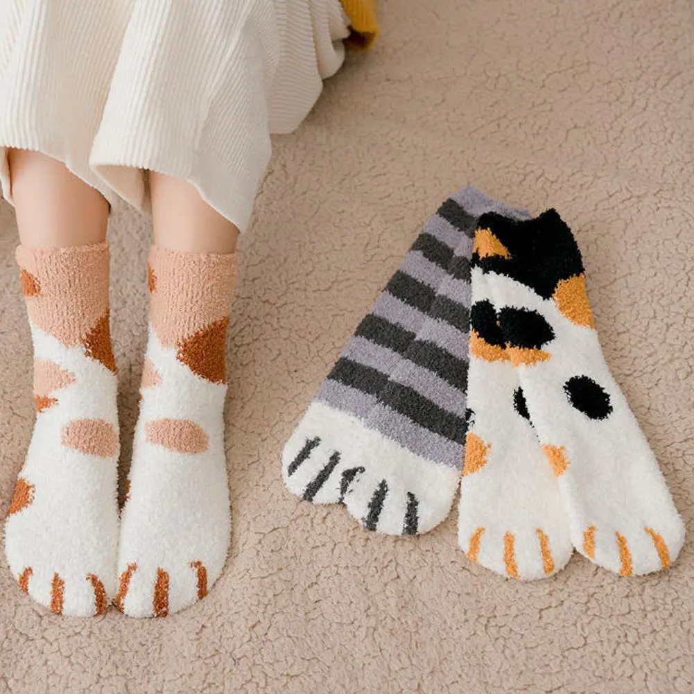 Women Winter Warm Fluffy Socks Cute Animal Claw Cat Paw Footprint Fuzzy Socks Female Thick Coral Fleece Home Floor Sleep Socks