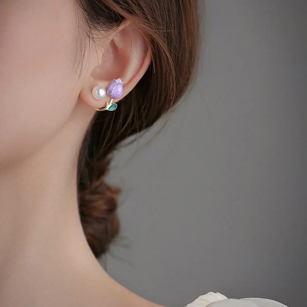 Pink Tulip Imitation Pearl Earrings Rose Color Flower Two Ways To Wear Ear Studs for Girls Daily Wear Women Ear Piercings Gifts