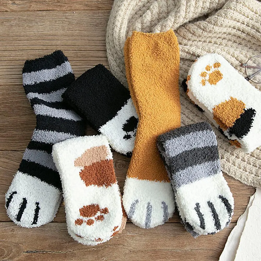 Women Winter Warm Fluffy Socks Cute Animal Claw Cat Paw Footprint Fuzzy Socks Female Thick Coral Fleece Home Floor Sleep Socks