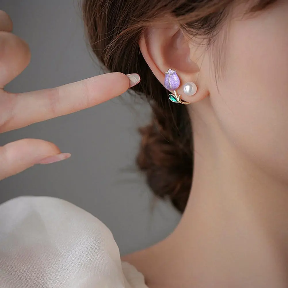 Pink Tulip Imitation Pearl Earrings Rose Color Flower Two Ways To Wear Ear Studs for Girls Daily Wear Women Ear Piercings Gifts