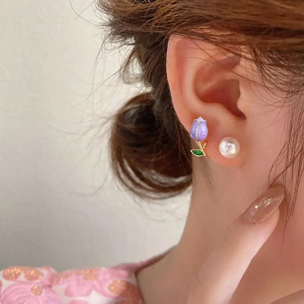 Pink Tulip Imitation Pearl Earrings Rose Color Flower Two Ways To Wear Ear Studs for Girls Daily Wear Women Ear Piercings Gifts