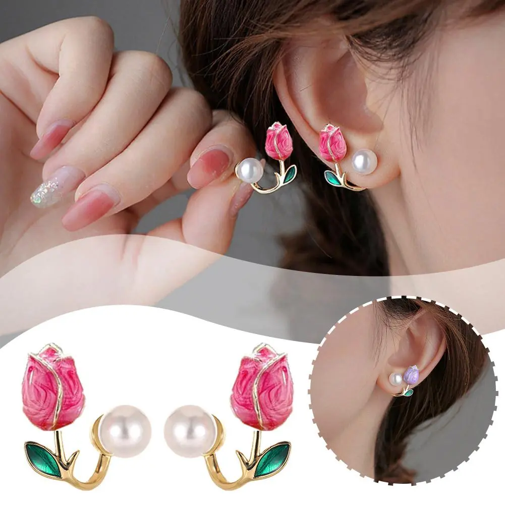 Pink Tulip Imitation Pearl Earrings Rose Color Flower Two Ways To Wear Ear Studs for Girls Daily Wear Women Ear Piercings Gifts