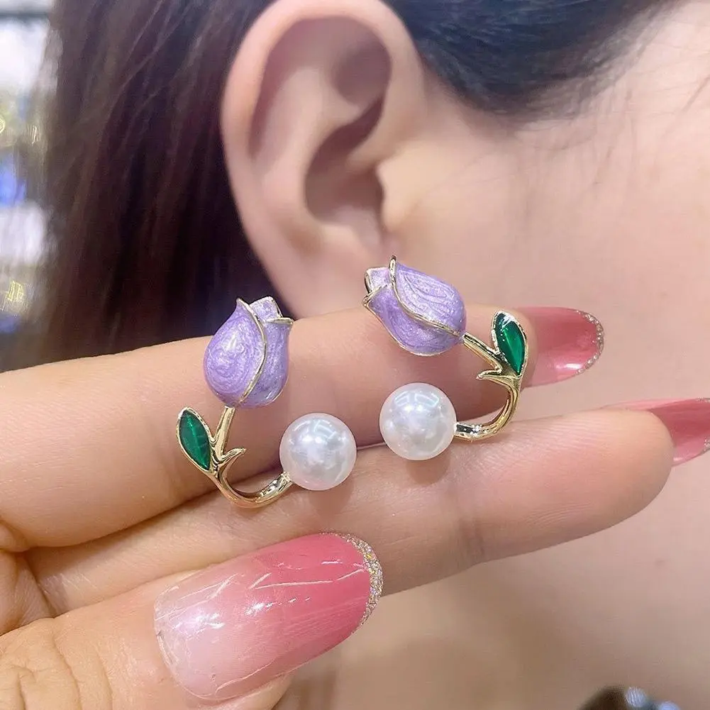 Pink Tulip Imitation Pearl Earrings Rose Color Flower Two Ways To Wear Ear Studs for Girls Daily Wear Women Ear Piercings Gifts