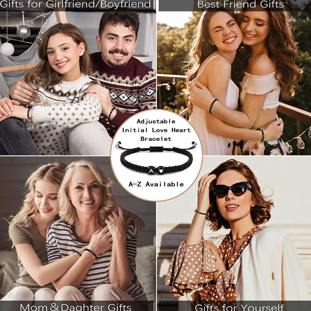 Handmade A-Z 26 Letter Heart Bracelet Woven Baided Rope Women Men Initials Name Adjustable Bangle Couple Lover Friends Jewelry