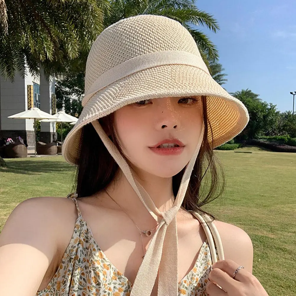 New Knitted Women Sun Hat Breathable Bucket Hat Summer Anti-UV Sun Hat Travel Beach Hat Korean Surf Hiking Fisherman Hat Outdoor