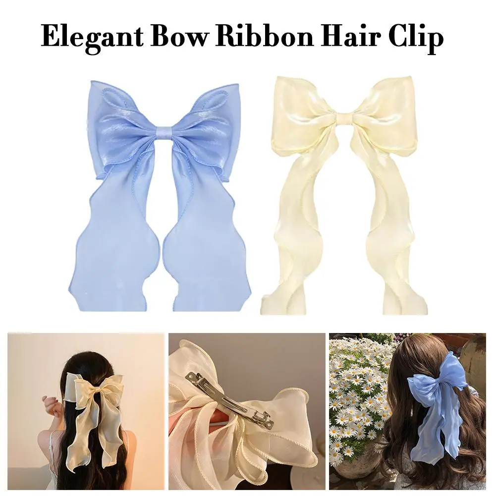 Elegant Bow Ribbon Hair Clip Simple Solid Satin Spring Clip Hair Girls Hair Retro Pin Bows Barrettes Long Accessories Hair B8L3