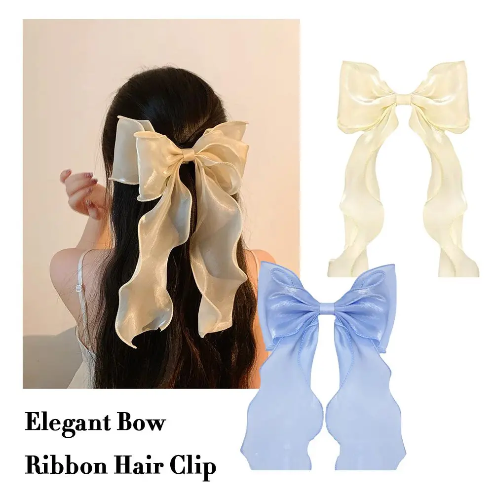 Elegant Bow Ribbon Hair Clip Simple Solid Satin Spring Clip Hair Girls Hair Retro Pin Bows Barrettes Long Accessories Hair B8L3