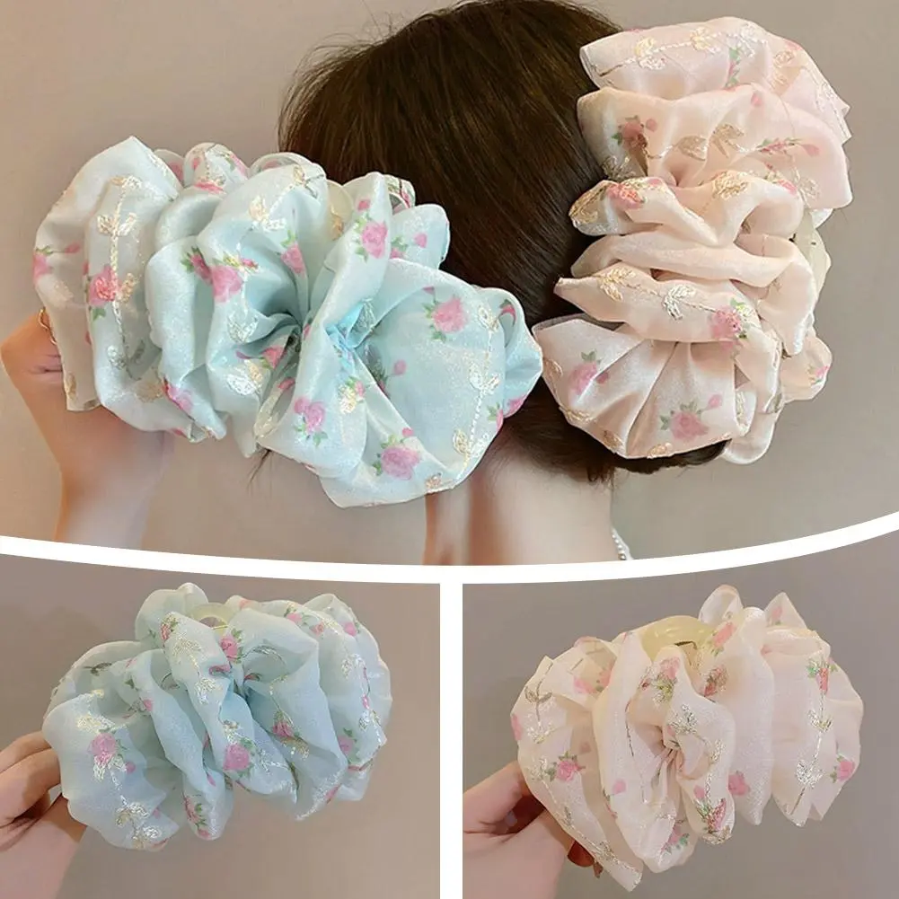 Fashion Floral Embroidery Bowknot Hair Clip Pink Blue Large Grab Hairpin Double Sides Elegant Large Shark Clip For Girls L6F2