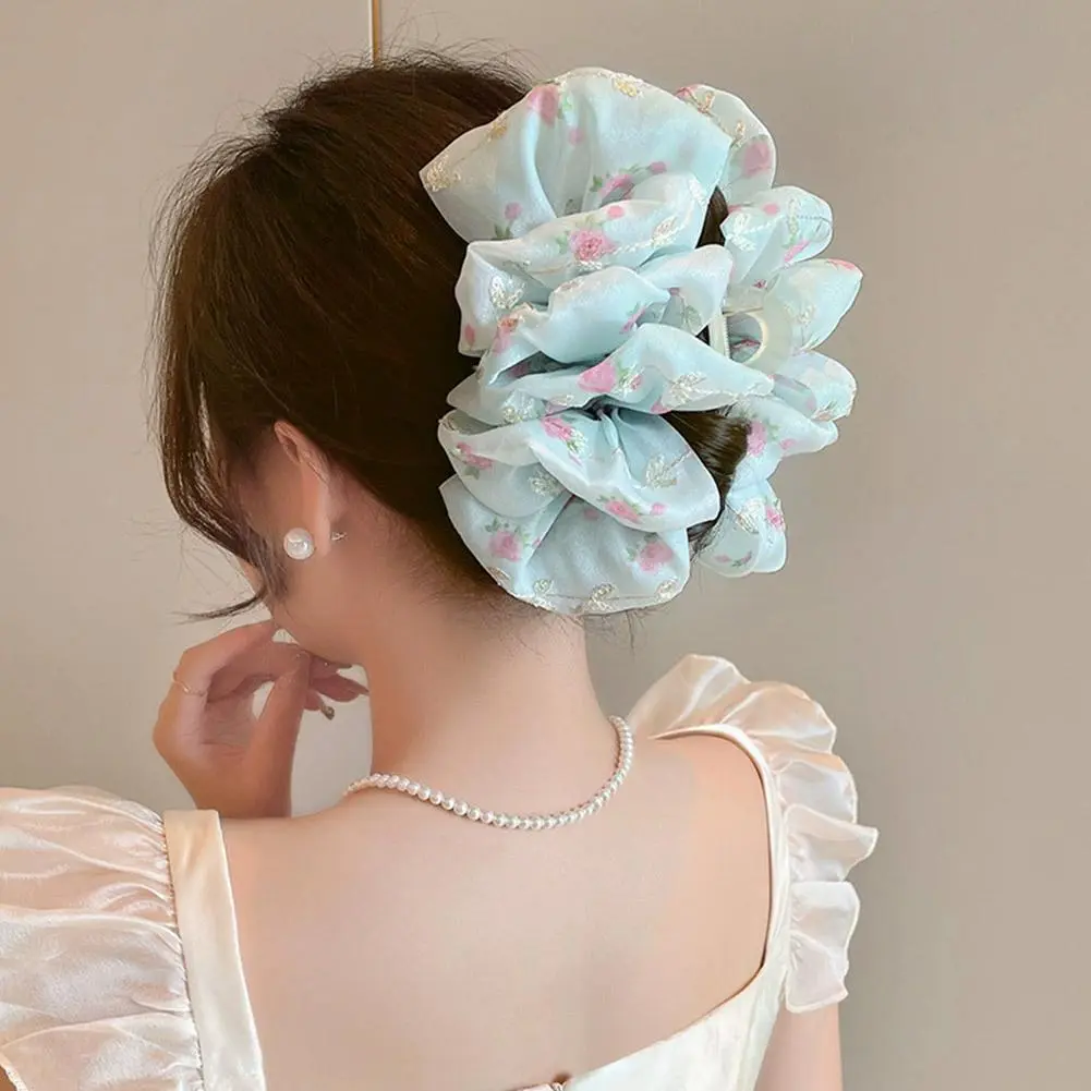 Fashion Floral Embroidery Bowknot Hair Clip Pink Blue Large Grab Hairpin Double Sides Elegant Large Shark Clip For Girls L6F2