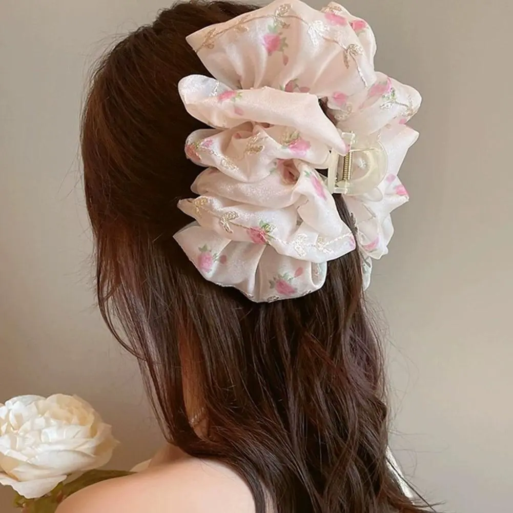 Fashion Floral Embroidery Bowknot Hair Clip Pink Blue Large Grab Hairpin Double Sides Elegant Large Shark Clip For Girls L6F2