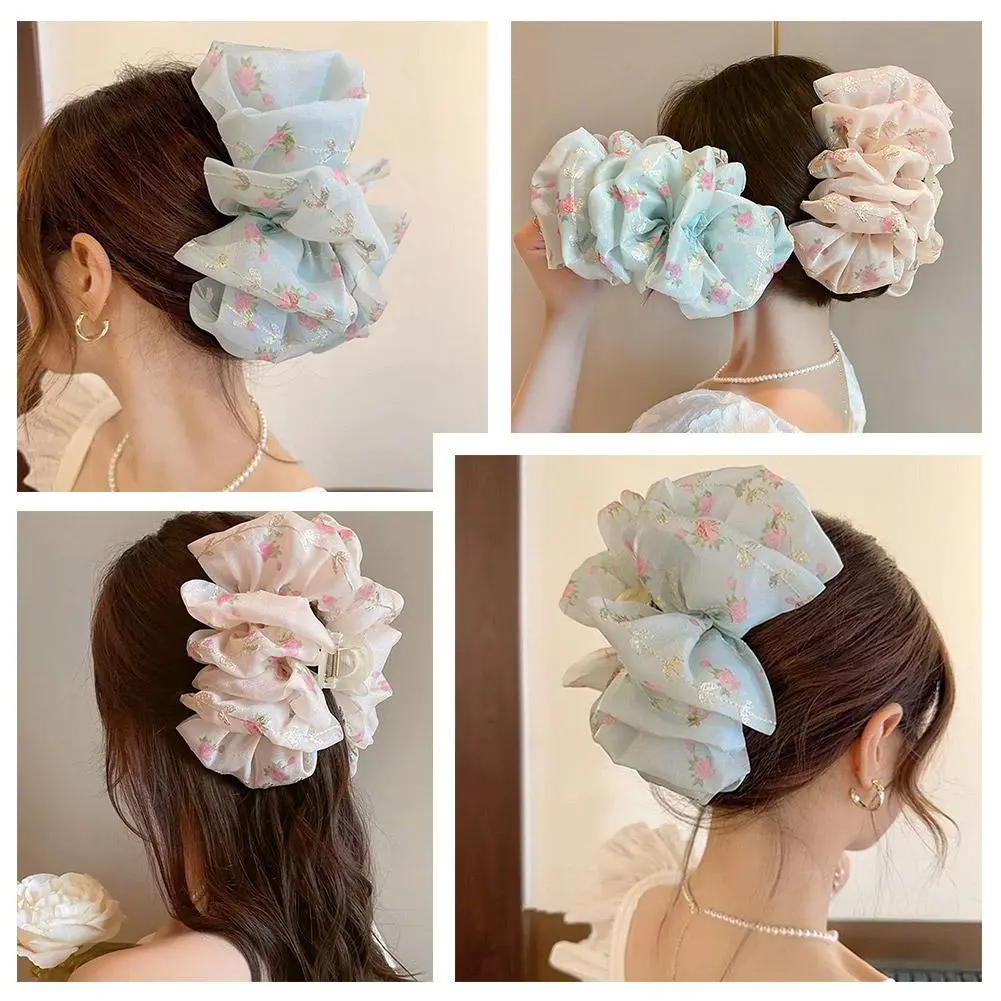 Fashion Floral Embroidery Bowknot Hair Clip Pink Blue Large Grab Hairpin Double Sides Elegant Large Shark Clip For Girls L6F2