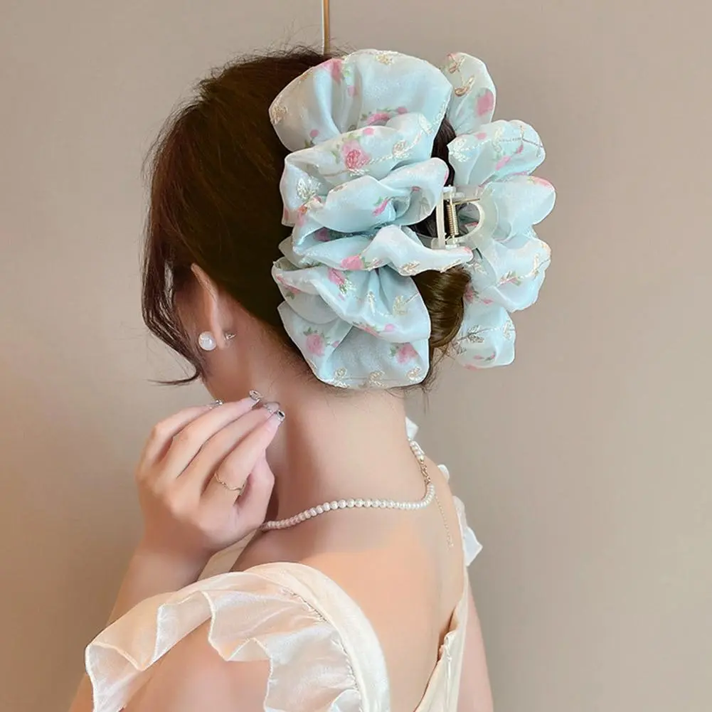 Fashion Floral Embroidery Bowknot Hair Clip Pink Blue Large Grab Hairpin Double Sides Elegant Large Shark Clip For Girls L6F2