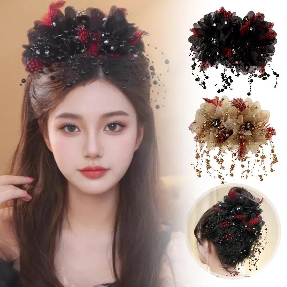 2024 New Flower Tassel Hair Clip Women Elegant Pearl Shark Tassel Hair Accessories Fashion Bead Grab Tassel Feather Clip Cl D3C0