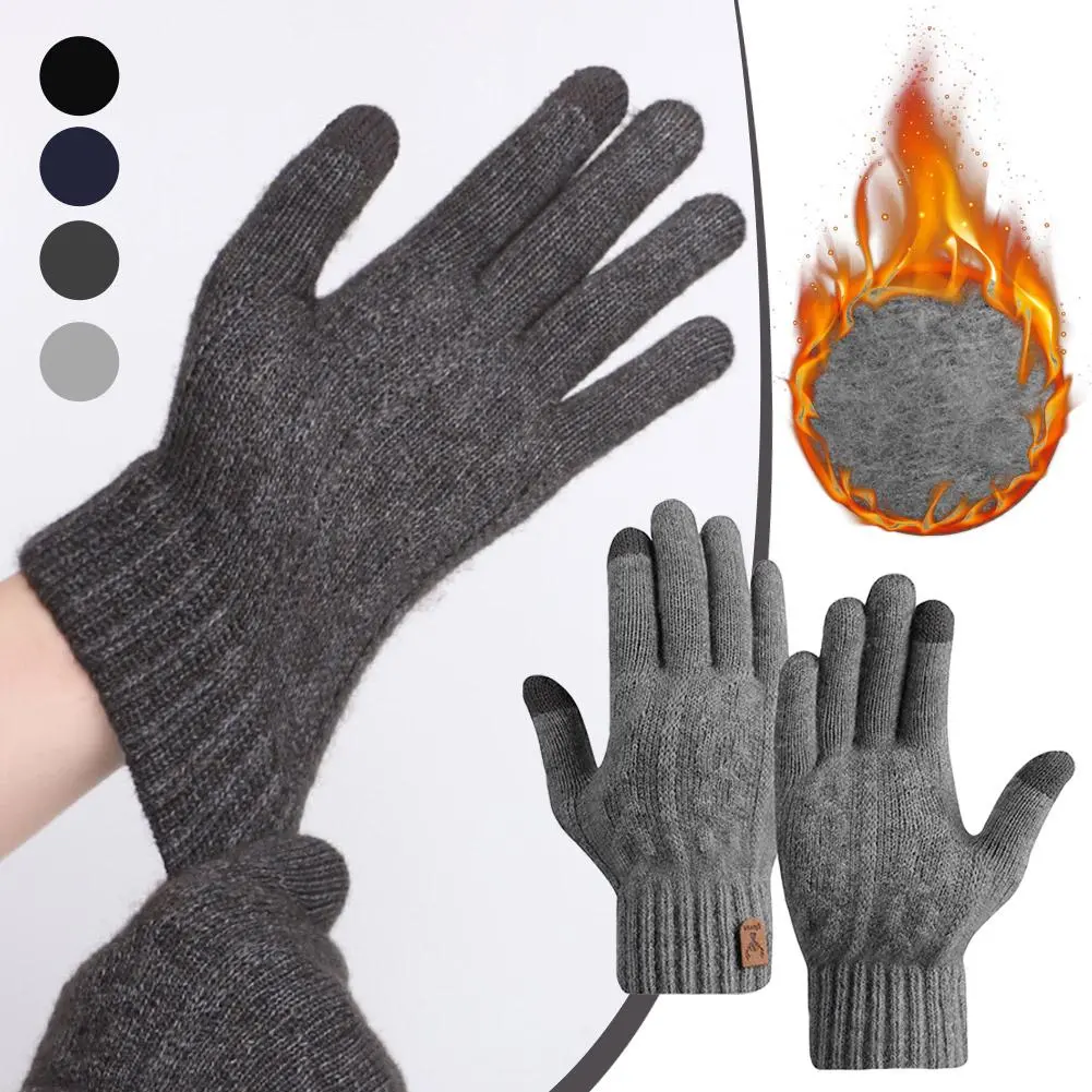 1Pair New Men's Warm Gloves For Winter Touch Screen Plus Velvet Thickened Cold-proof And Warm Wool Knitted Gloves