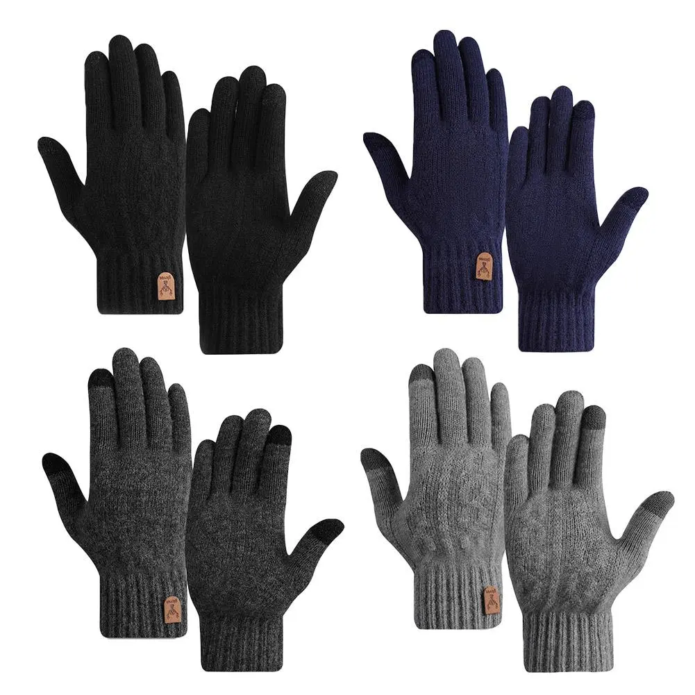 1Pair New Men's Warm Gloves For Winter Touch Screen Plus Velvet Thickened Cold-proof And Warm Wool Knitted Gloves