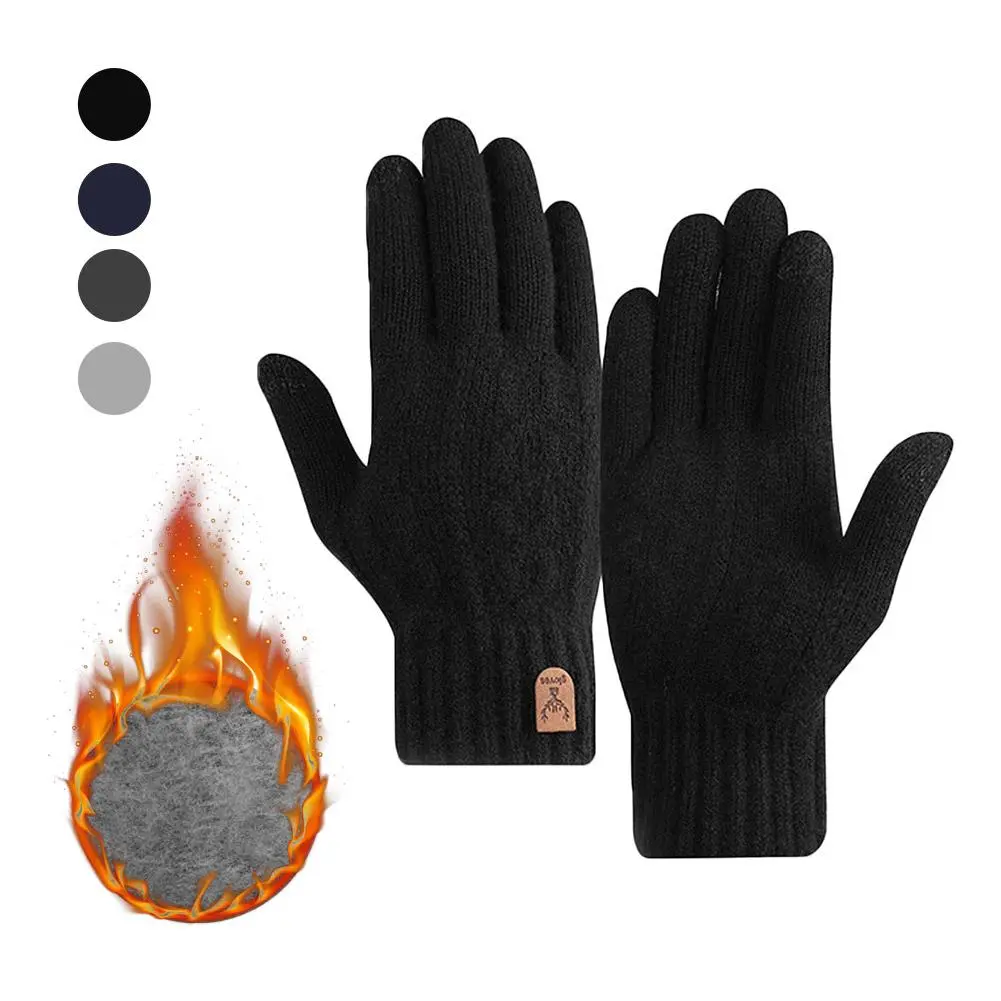 1Pair New Men's Warm Gloves For Winter Touch Screen Plus Velvet Thickened Cold-proof And Warm Wool Knitted Gloves