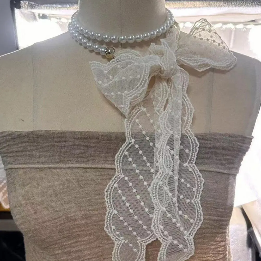 Elegant Pearl Lace Hairband Necklace Women's Long Scarf Multi-Functional Silk Scarf Korean Style Versatile Fashion Accessory