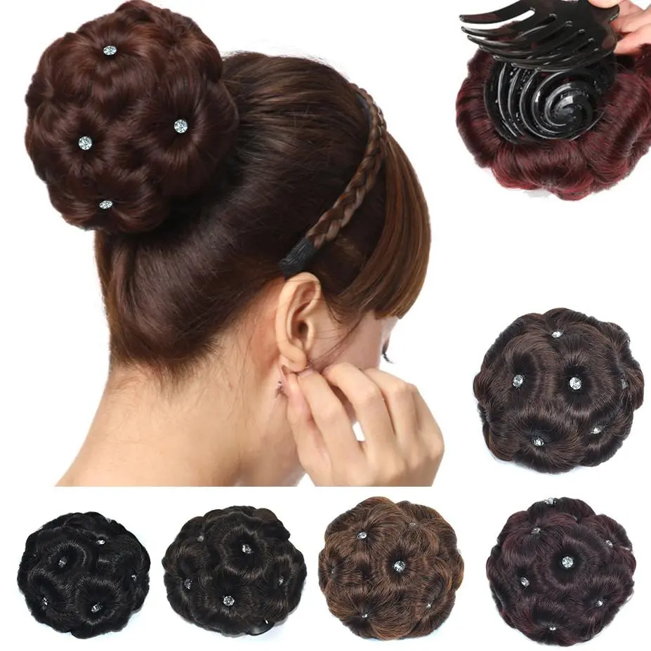 Synthetic High Temperature Fiber Chignon Nine Flowers Flower Natural Hairpiece Hairpin Pearl Bud Donut In Bun Wig Clip Hair B8X0