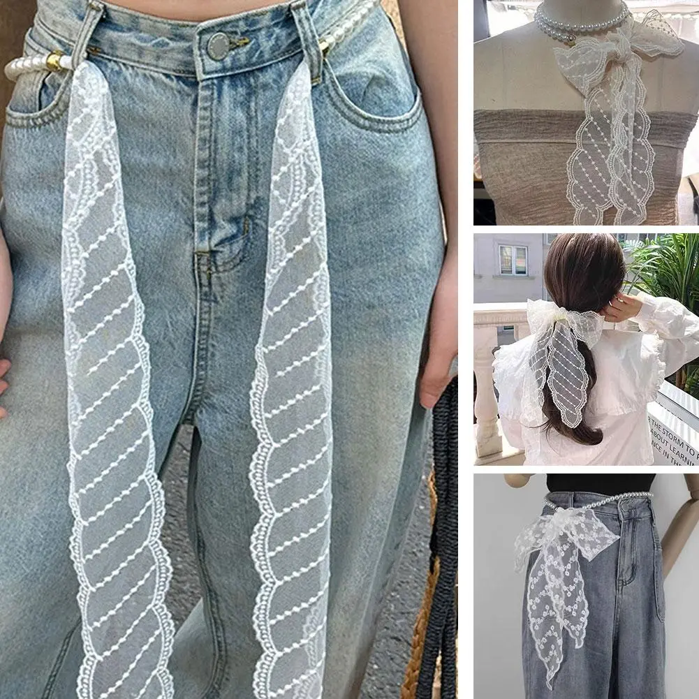 Elegant Pearl Lace Hairband Necklace Women's Long Scarf Multi-Functional Silk Scarf Korean Style Versatile Fashion Accessory
