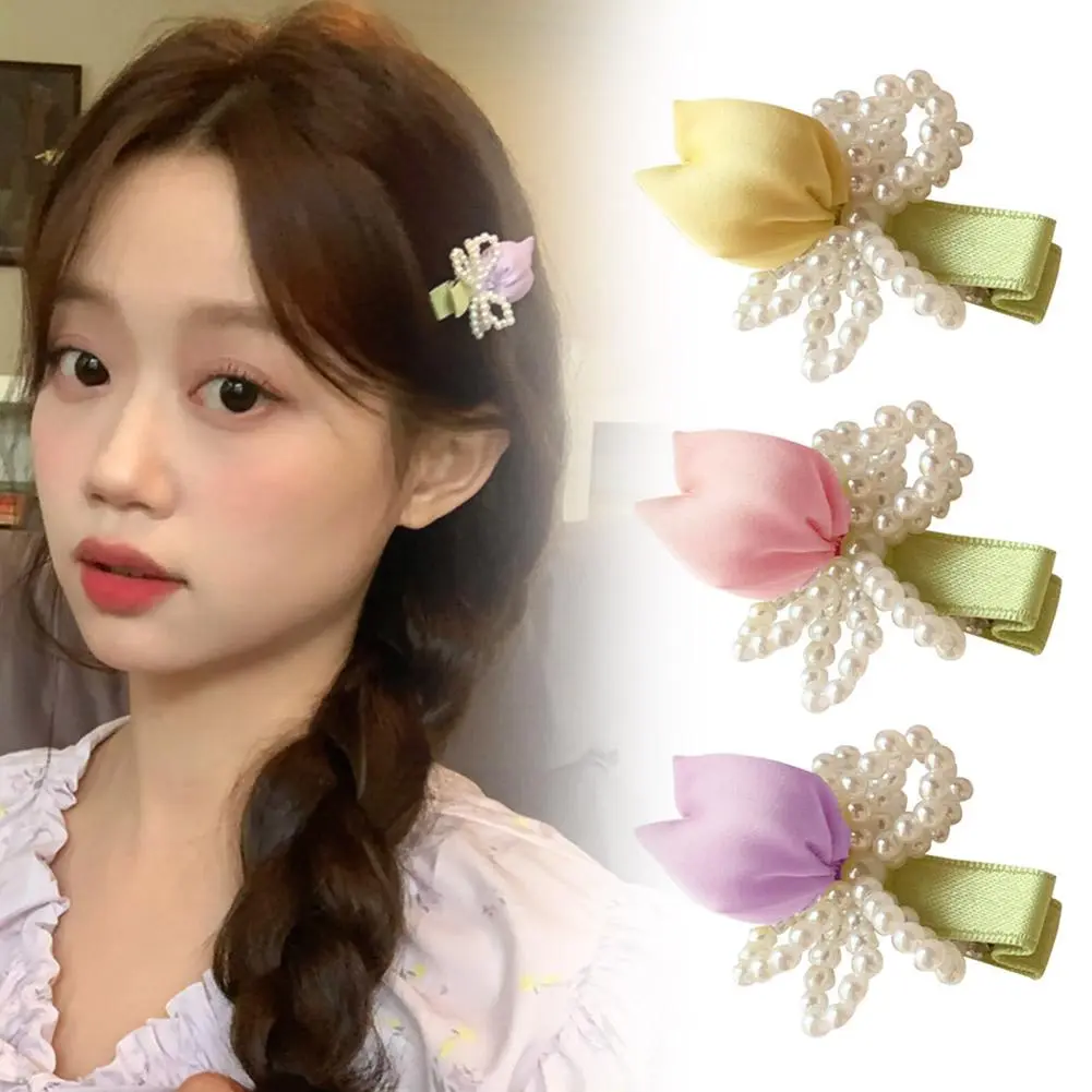 Korean Hair Accessories Sweet Pink Tulip Flower  Clip Bow Duckbill  High-end Fabric Elegant Girl's Headwear