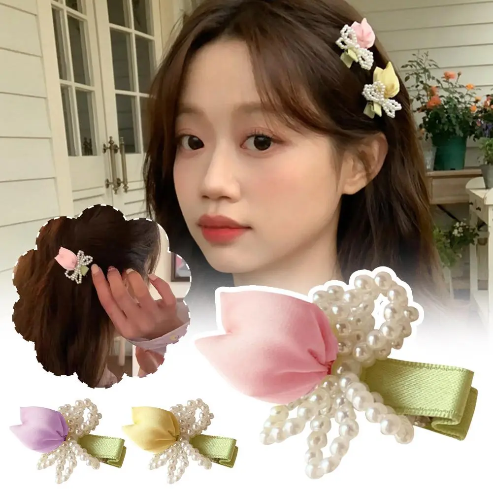 Korean Hair Accessories Sweet Pink Tulip Flower  Clip Bow Duckbill  High-end Fabric Elegant Girl's Headwear