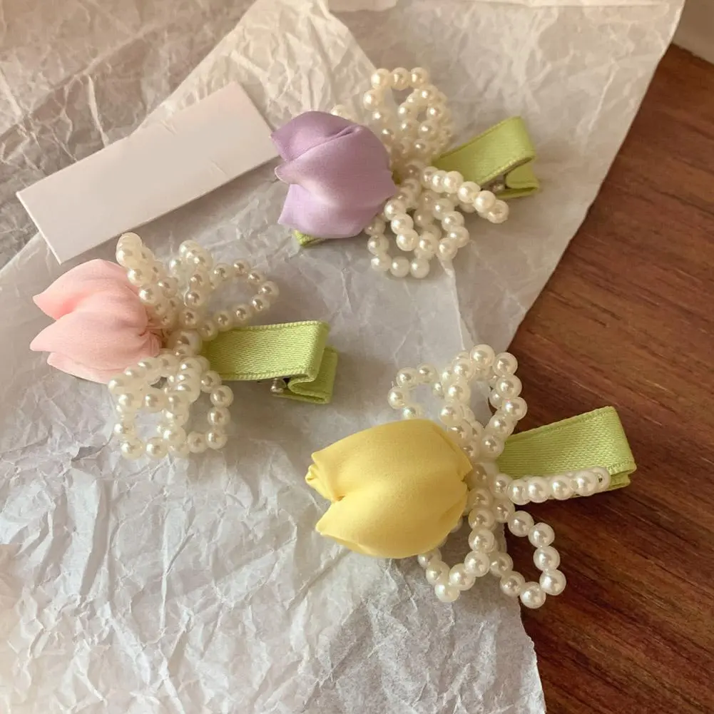 Korean Hair Accessories Sweet Pink Tulip Flower  Clip Bow Duckbill  High-end Fabric Elegant Girl's Headwear