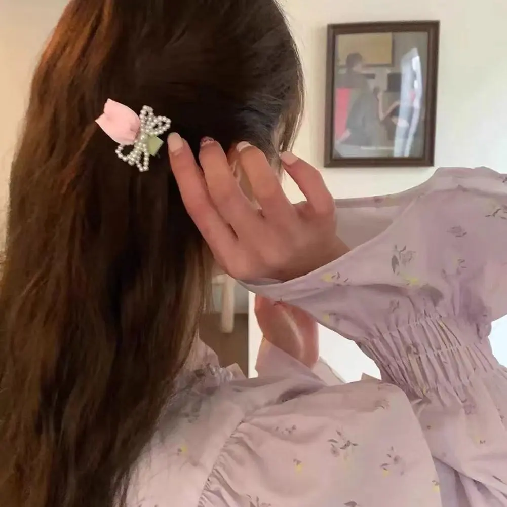 Korean Hair Accessories Sweet Pink Tulip Flower  Clip Bow Duckbill  High-end Fabric Elegant Girl's Headwear