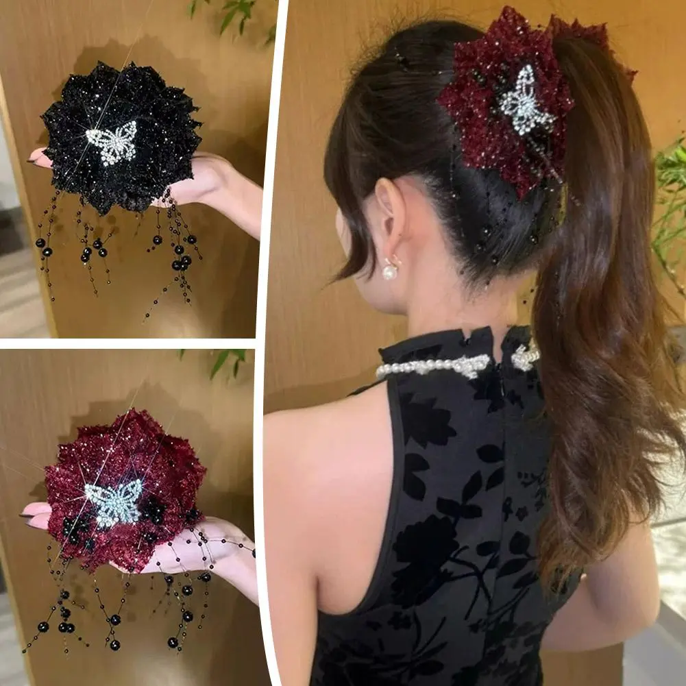 Bow Mesh Rhinestones Chain Fringe Shark Hair Claws For Women Super Fairy Personality Elegant Headwear Tassel Flower Hair Cl N6A0