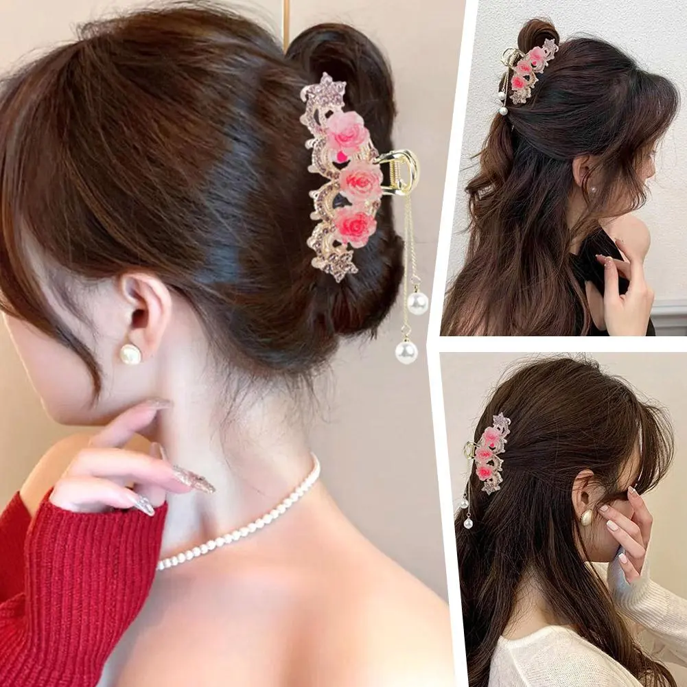 Tea Flower Hairpin Inlaid With Jade Hair Claw Rhinestone Fashion Gold Women'S Clip Hair Headwear Accessories Tassel Clip Ha H3S2