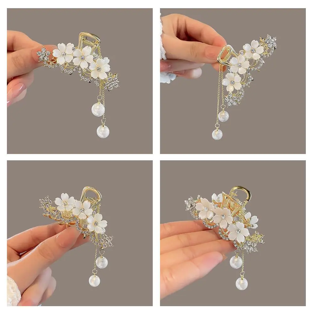 Tea Flower Hairpin Inlaid With Jade Hair Claw Rhinestone Fashion Gold Women'S Clip Hair Headwear Accessories Tassel Clip Ha H3S2