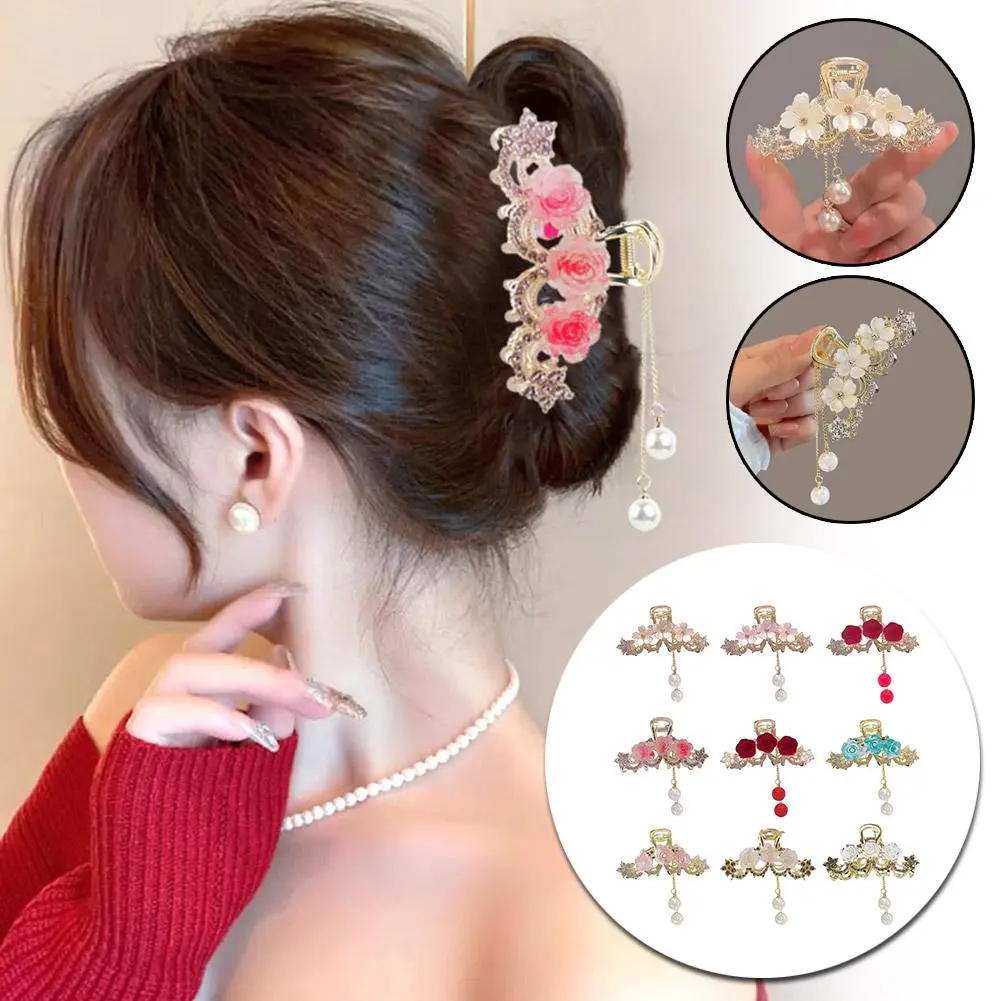 Tea Flower Hairpin Inlaid With Jade Hair Claw Rhinestone Fashion Gold Women'S Clip Hair Headwear Accessories Tassel Clip Ha H3S2