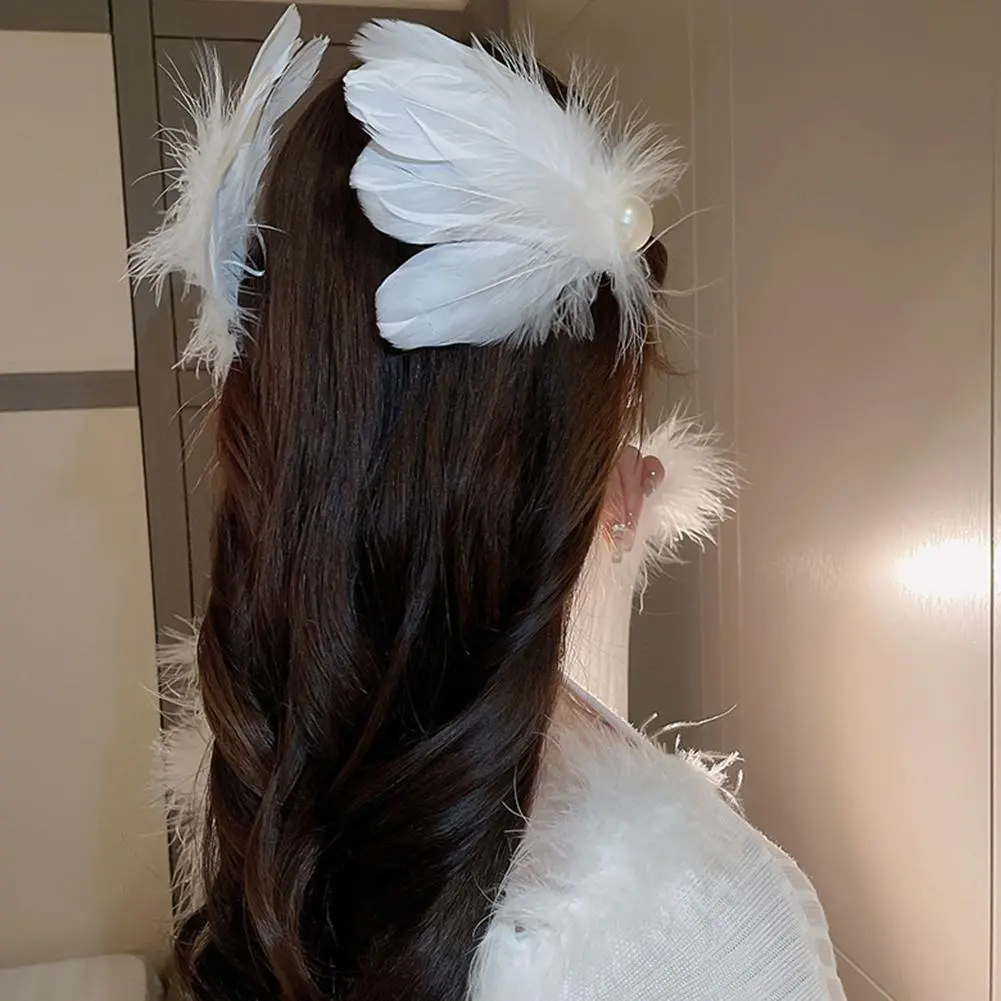 Fairy Style Vacation Feather Hair Clip Personalized Hair Party Costume Barrettes Pearl Swan Ballet Style Accessories Sweet C8X3