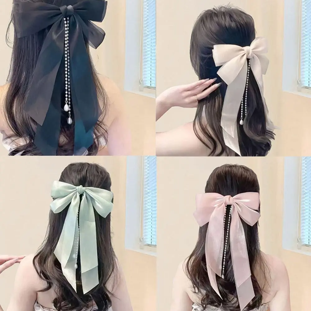 AISHG Elegant Bow Ribbon Hairpin for Women Long Tassels Pearl Pin Bowknot Stain Hair Clip Retro Headband Girls Hair Accesso T3Q7