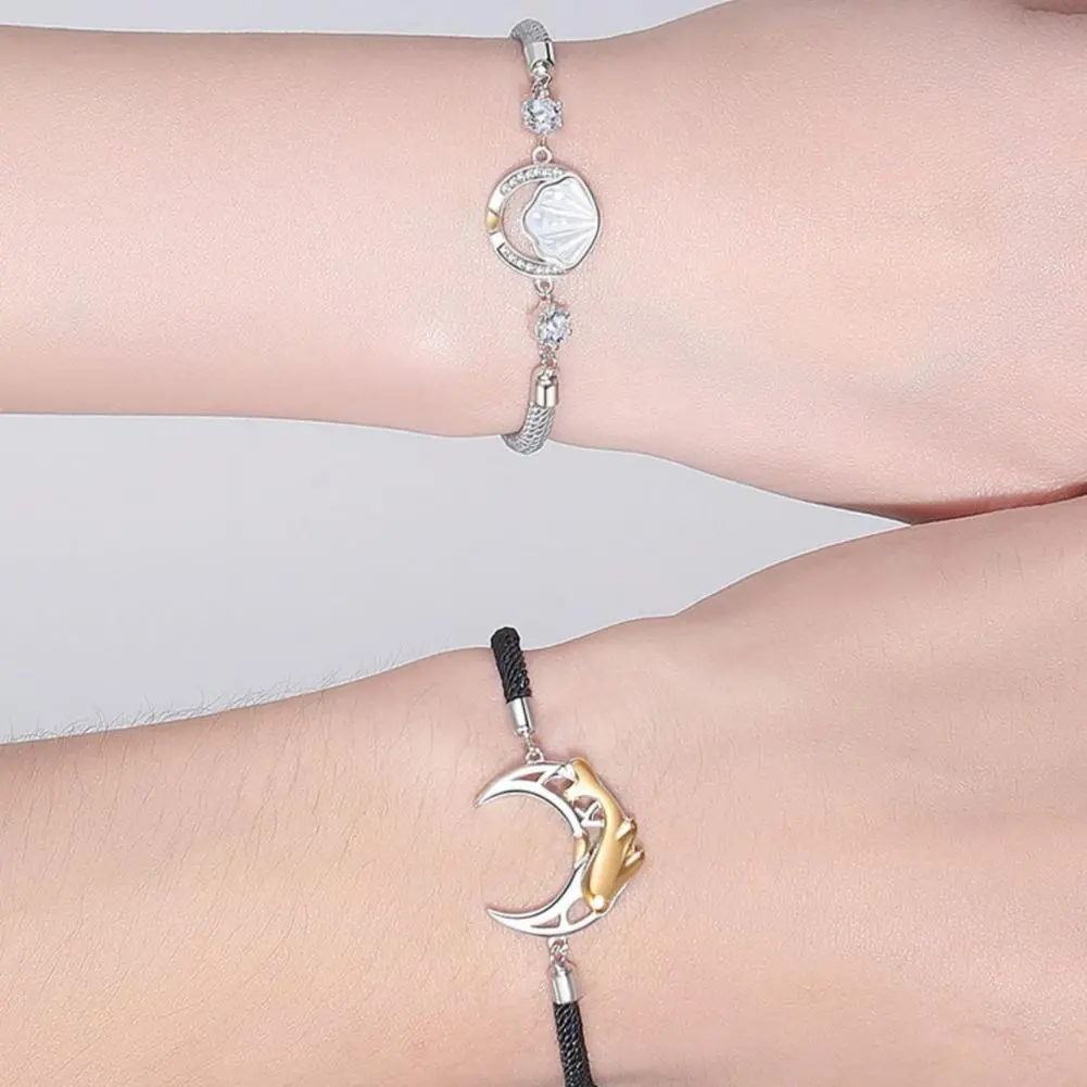 Stainless Steel Couple Bracelet For Women Lover Sun Shell Moon Whale Handmade Braided Rope Charm Friendship Girlfriend Jewelry