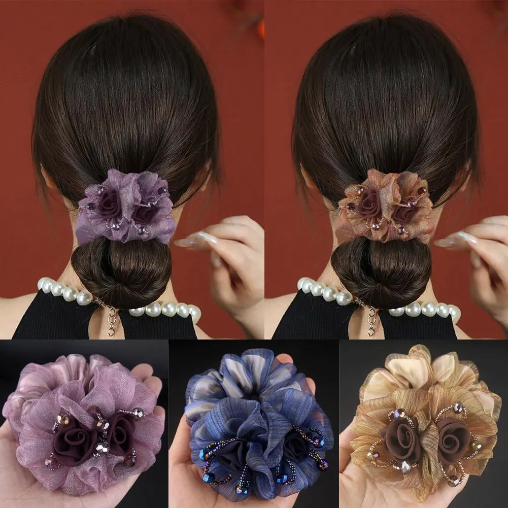 Summer Korean Flower Hair Tie Sweet Colon Hair Scrunchies Net Headwear Gauze Hair Flower Band Rubber Accessories Hair Fashi M5U0