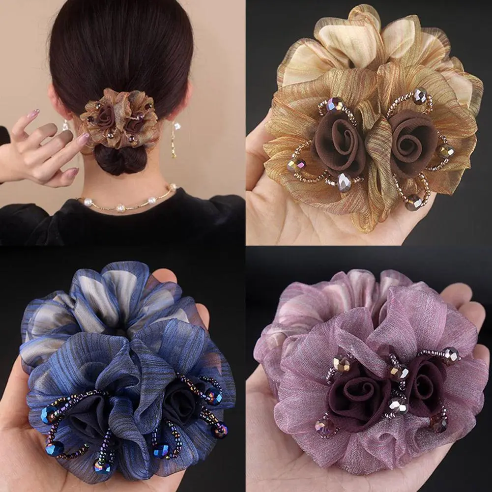 Summer Korean Flower Hair Tie Sweet Colon Hair Scrunchies Net Headwear Gauze Hair Flower Band Rubber Accessories Hair Fashi M5U0
