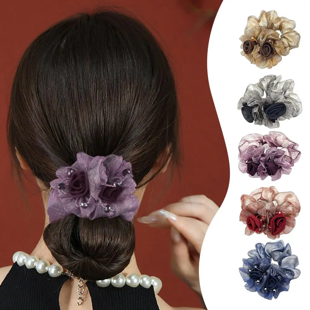 Summer Korean Flower Hair Tie Sweet Colon Hair Scrunchies Net Headwear Gauze Hair Flower Band Rubber Accessories Hair Fashi M5U0