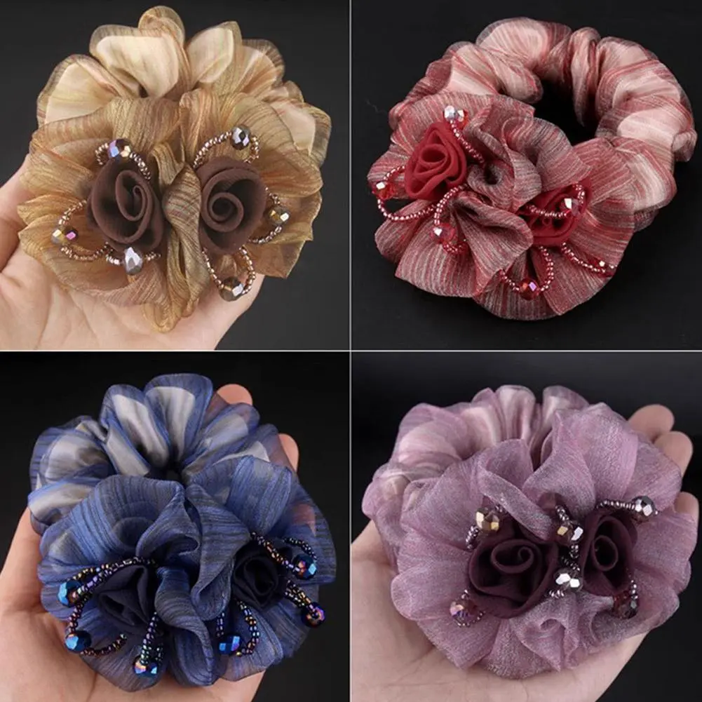 Summer Korean Flower Hair Tie Sweet Colon Hair Scrunchies Net Headwear Gauze Hair Flower Band Rubber Accessories Hair Fashi M5U0