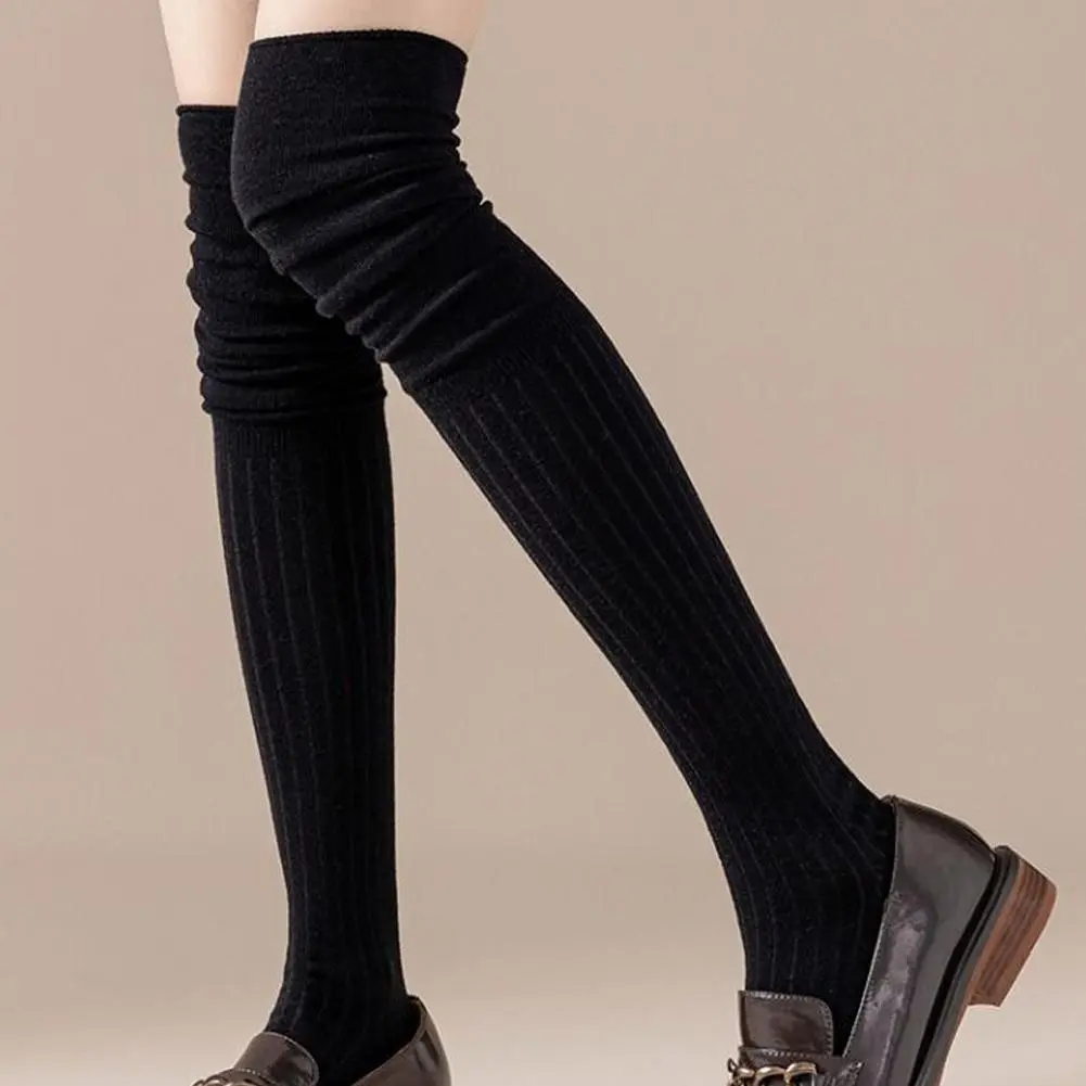 1Pairs Women Classic Striped Knee High Stockings Fashionable Versatile Black White Gray Solid Color Comfortable Stockings ﻿